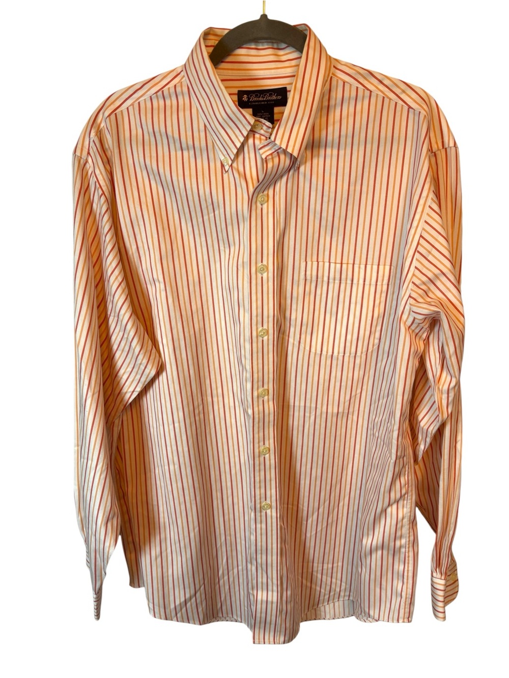 Brooks Brothers Men’s Dress Shirt  Orange Red Stripes 100% cotton Size Large